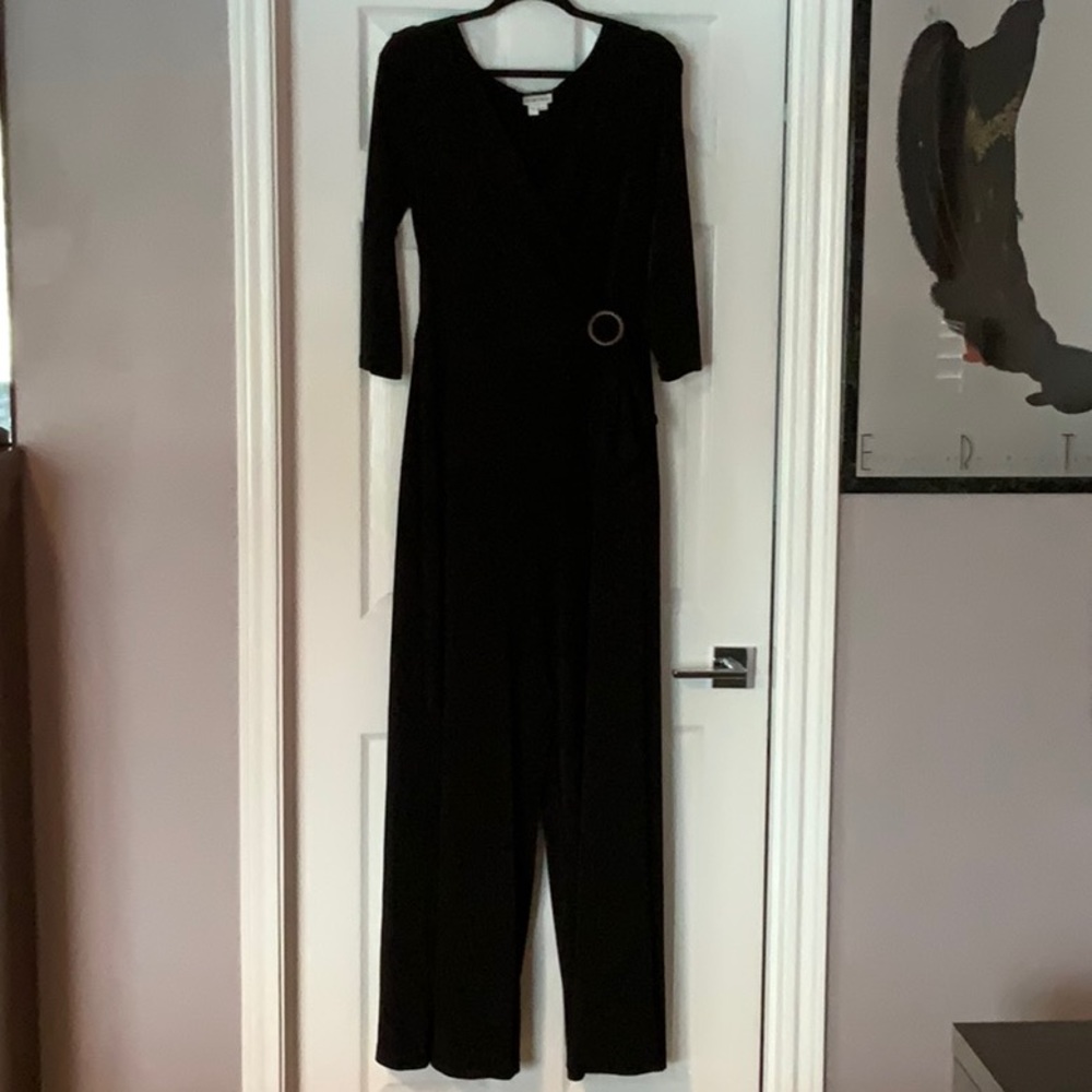 Andre Oliver Black Jumpsuit w/wooden Circle Tie